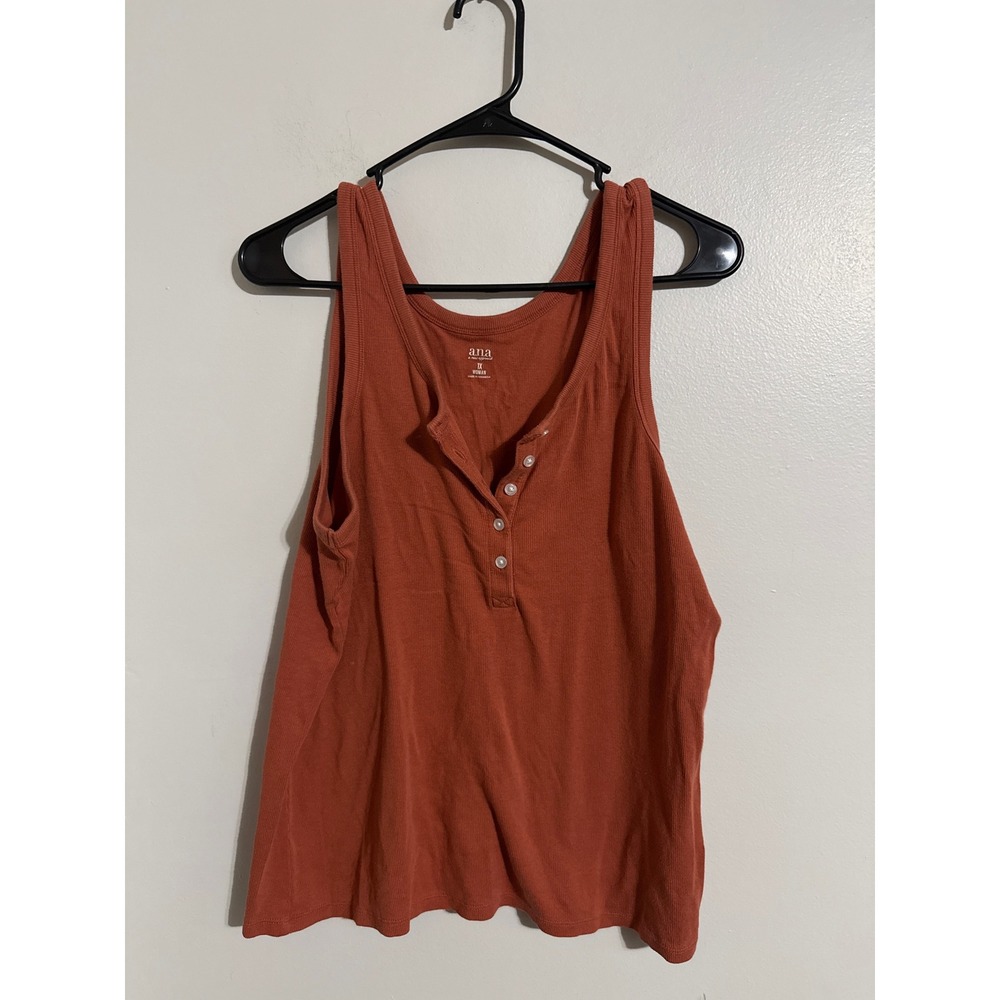 ANA A New Approach Womens 1X Henley Tank Top Rust Orange Ribbed Knit Sleeveless